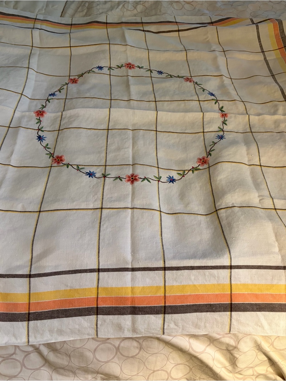 Embroidered Floral Check Tablecloth - White with Pink & Blue. 46 1/2 x 48.